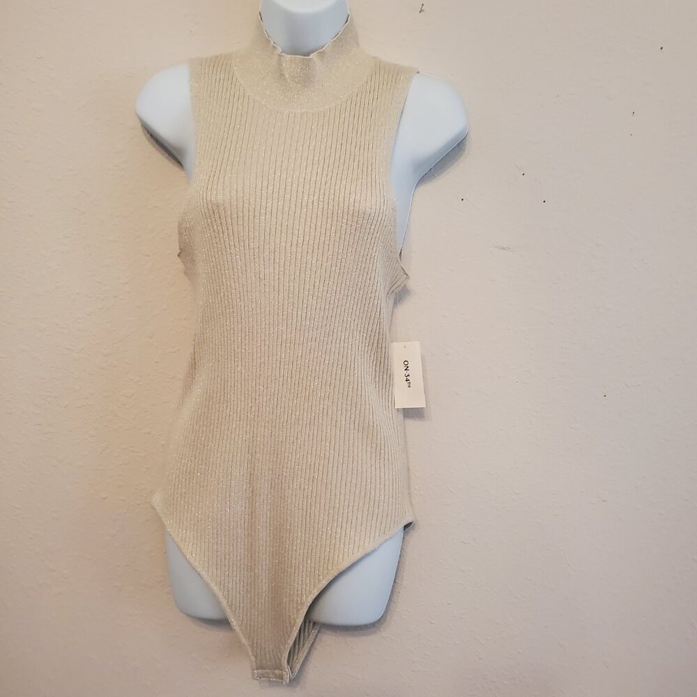 On 34TH Women's Sleeveless Mock Neck Bodysuit Lurex Gold Holiday Sweater Size L.